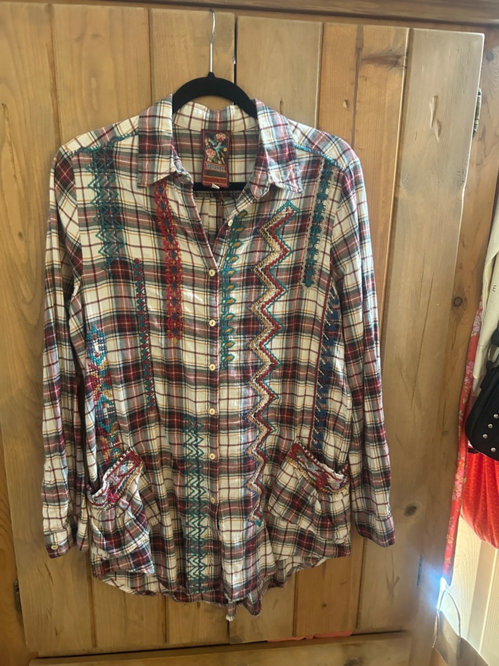 Johnny Was Multicolor Embroidered Plaid Button-Down Shirt